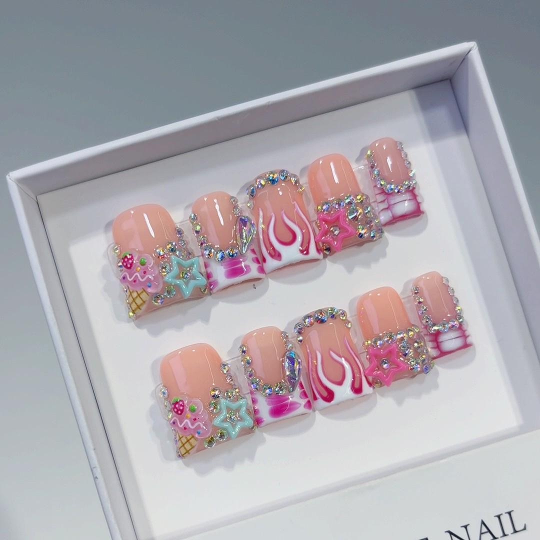 Искрящиеся французские накладные ногти в форме утиного клюва со стразами Large