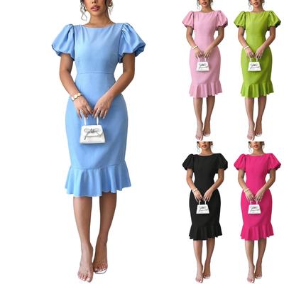 Women's Fashionable Solid Color Round Neck Short Sleeved Ruffle Sexy Elegant Fish Tail Dress