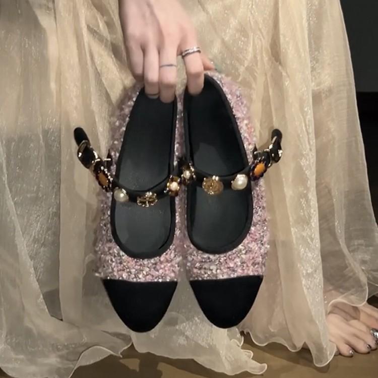 Schafleder~ Xiaoxiangfeng Lederschuhe Abzeichen Schnalle flacher Mund Einzelne Schuhe Damen flache Französische Retro flacher Mund Mary Jane Schuhe