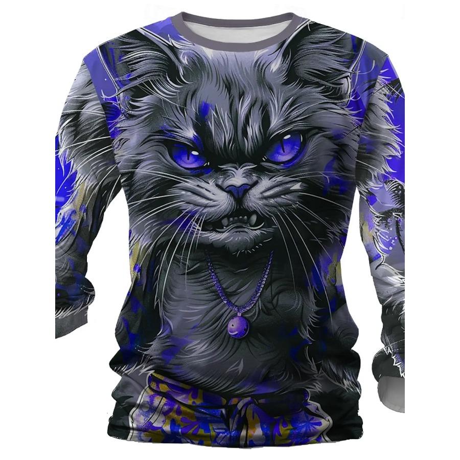 Padrão de gatinho de Halloween impresso em 3D, camiseta masculina de outono com gola redonda, manga comprida casual, pulôver grande, moda tops