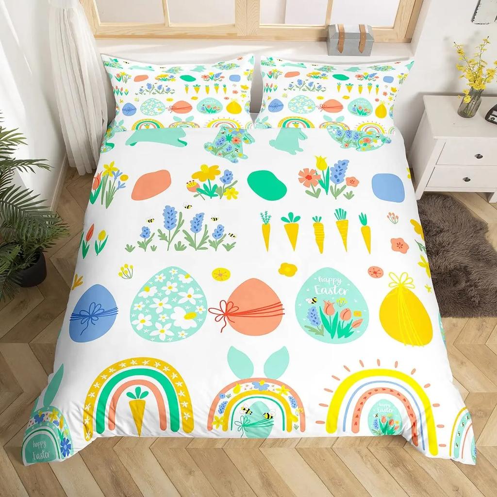 Comforter Kawaii Rabbit Cute Pet Animal Comforter Boho Floral Easter Eggs Bedding Set Happy Easter Gifts For Girls Teens