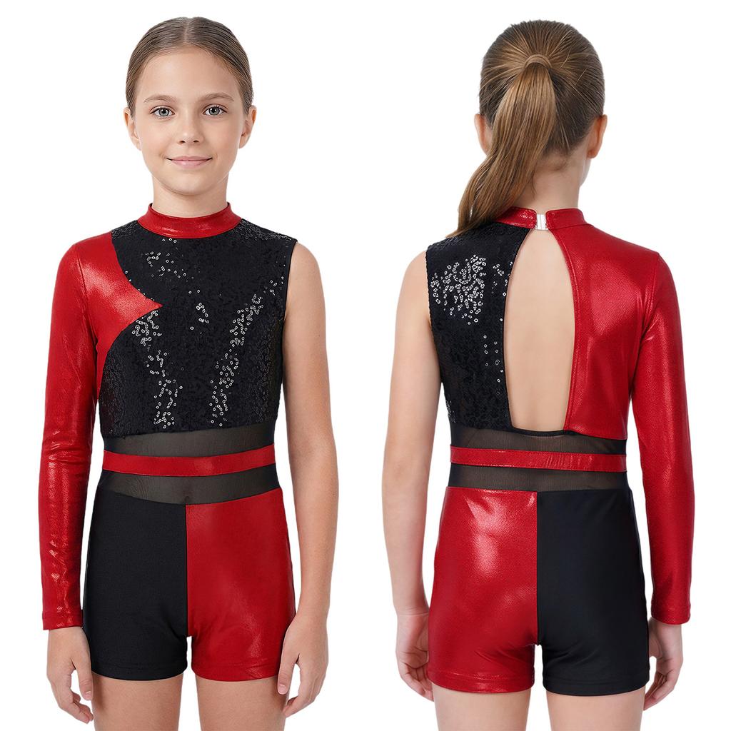 Kids Girls Metallic Jumpsuit for Ballet Dancing Gymnastics Leotards Ballet Mesh Bodysuit Stage Performance Dancewear Costume