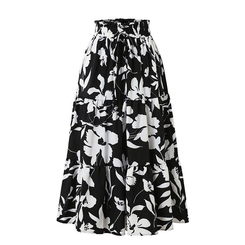 Printed Long Dress A Word Summer High-Grade Pleated Skirt Elastic Waist Women Clothes Print Long Dress Skirt