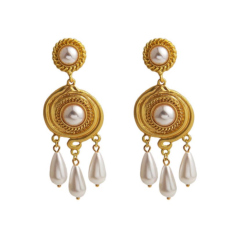 European & American Retro Textured Metal Pendant Earrings with Water Drop Pearl
