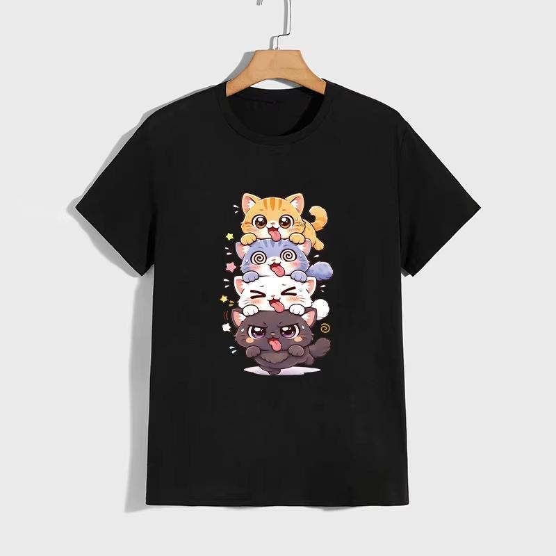 Cute Cat Pattern Tshirt High Grade 100 Cotton Short Sleeve Top 2026 Summer Unisex Unisex Daily Casual Fashion Tees Unisex Clothes