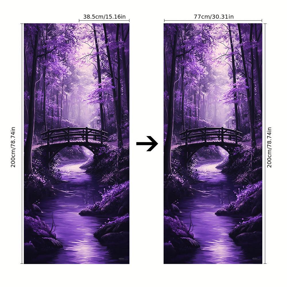 1pcs Self Adhesive Removable Vinyl Door Stickers Dreamy Purple Forest Bridge View Door Stickers Beautiful Moonlight Stream Entra