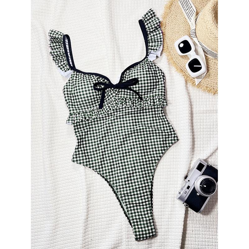 

Черно-белый клетчатый слитный купальник женский с оборками, завязкой спереди, полым вырезом на спине, купальные костюмы с контролем живота S чёрный