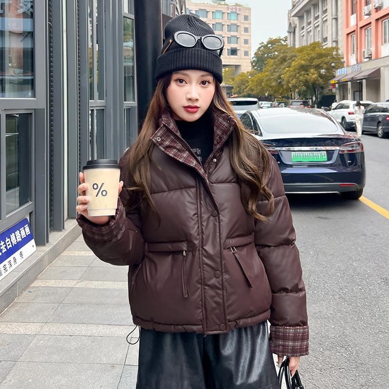 Vertical Collar Plaid Contrast Cotton Warm Short Thickened Jacket