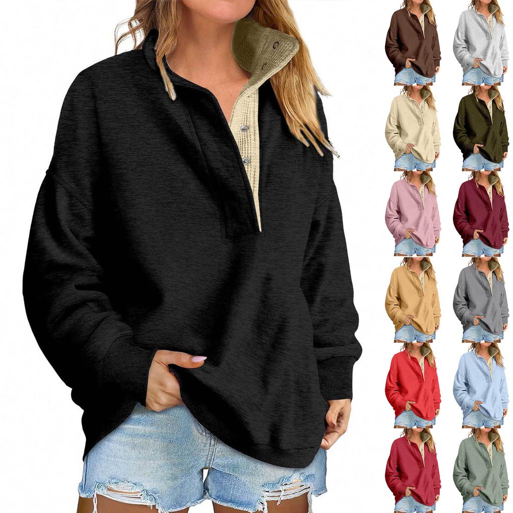 Women's Fashion Long Sleeve Solid Color Pullover Sweatshirt Casual Loose Button Sweatshirt
