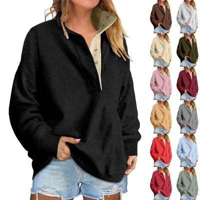 Women's Fashion Long Sleeve Color Pullover Sweatshirt Casual Loose Button Sweatshirt