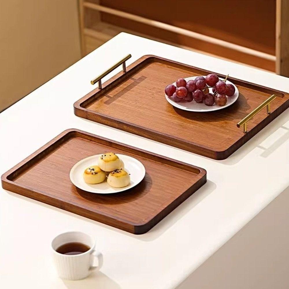 Rectangular Wood Serving Tray Metal Handles Breakfast Bread Plate Decorative Tray  Hotel