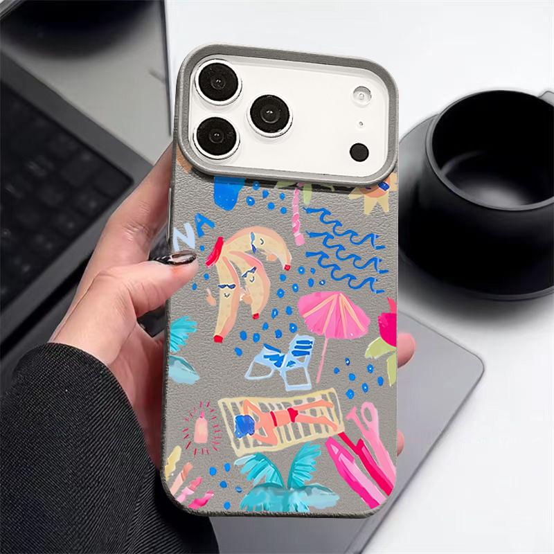 For iPhone 17 Pro Max Case Luxury Cartoon Vacation Painting Leather Texture Silicone Cover For iPhone 16 Pro Max 15 14 13 12 11 16E Air