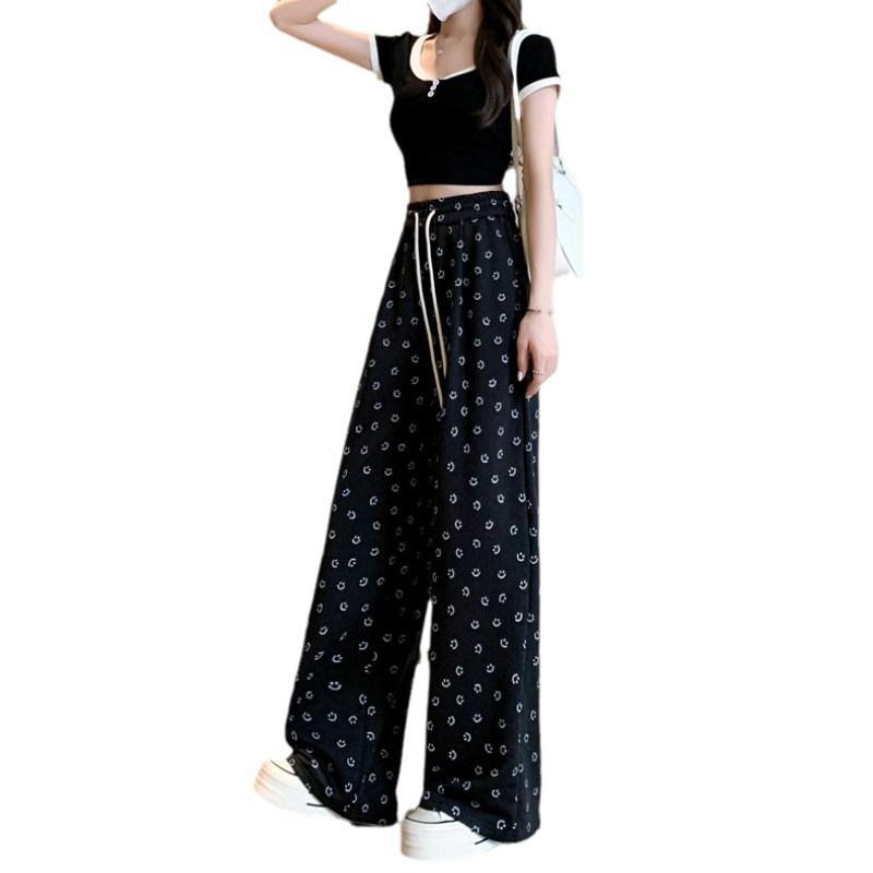 Retro Smiley Face Print Lazy Style Wide-leg Pants Women's Spring and Autumn Loose and Thin High Waist Drape Casual Sports Pants