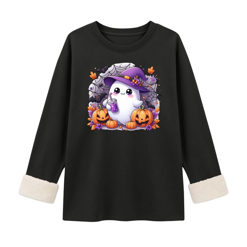 Women's Lined Round Neck Long Sleeve Halloween Print Casual Top for Winter