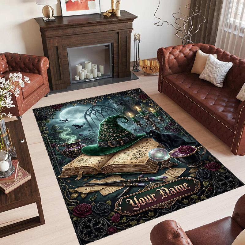 Witchcraft Theme Crystal Velvet Rug Personalized Custom Name Text Soft Floor Mat Home Decor