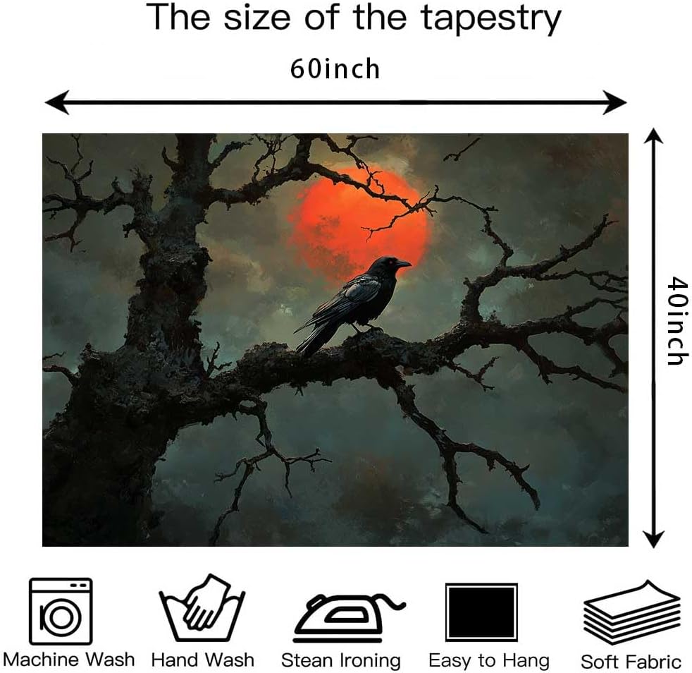 Mysterious Crow Tapestry, Black Raven on Gnarled Tree with Blood Moon Design, Bohemian Wall Art for Gothic Spaces