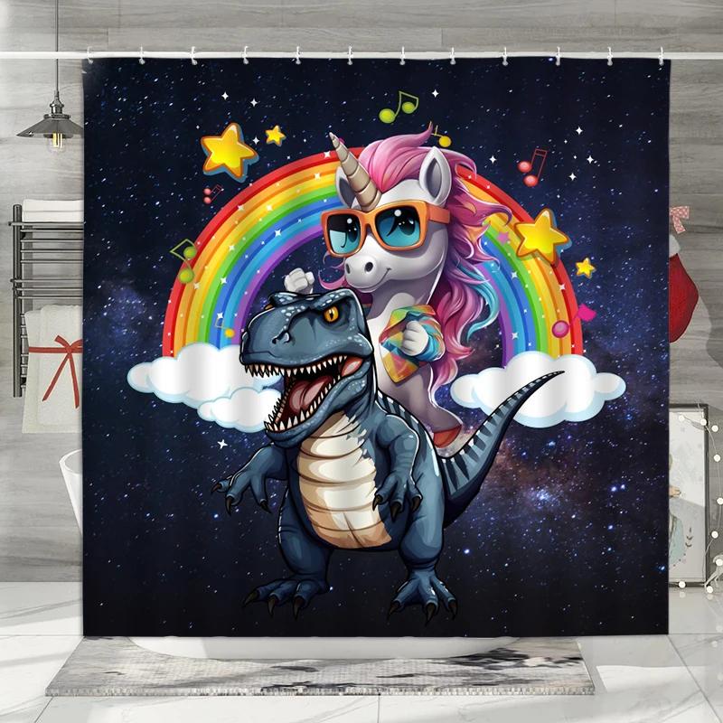 Funny Unicorn Dinosaur Kids Shower Curtain Cute Cartoon Animals Rainbow Galaxy Space Planet Cool Boys Girls Bathroom Decorative