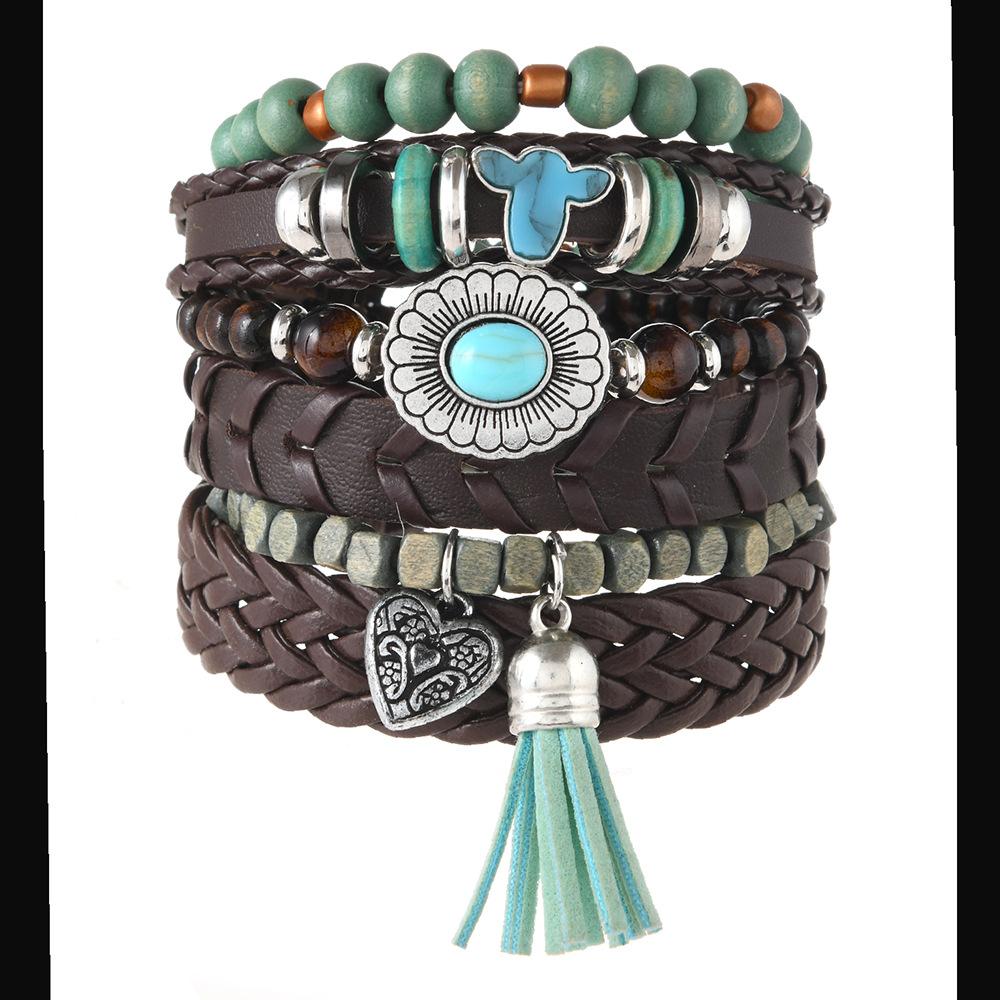 Leather Bracelets for Men Women Handmade Wrap Woven Cuff Bracelets Wooden Beaded Bracelets Vintage Ethnic Tribal Wristbands Bracelet Set Adjustable