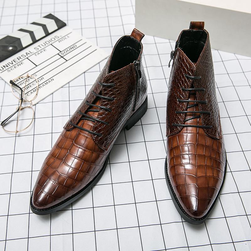 Crocodile Pattern Plus Size Men's Leather High-Top Fashion Formal Boots