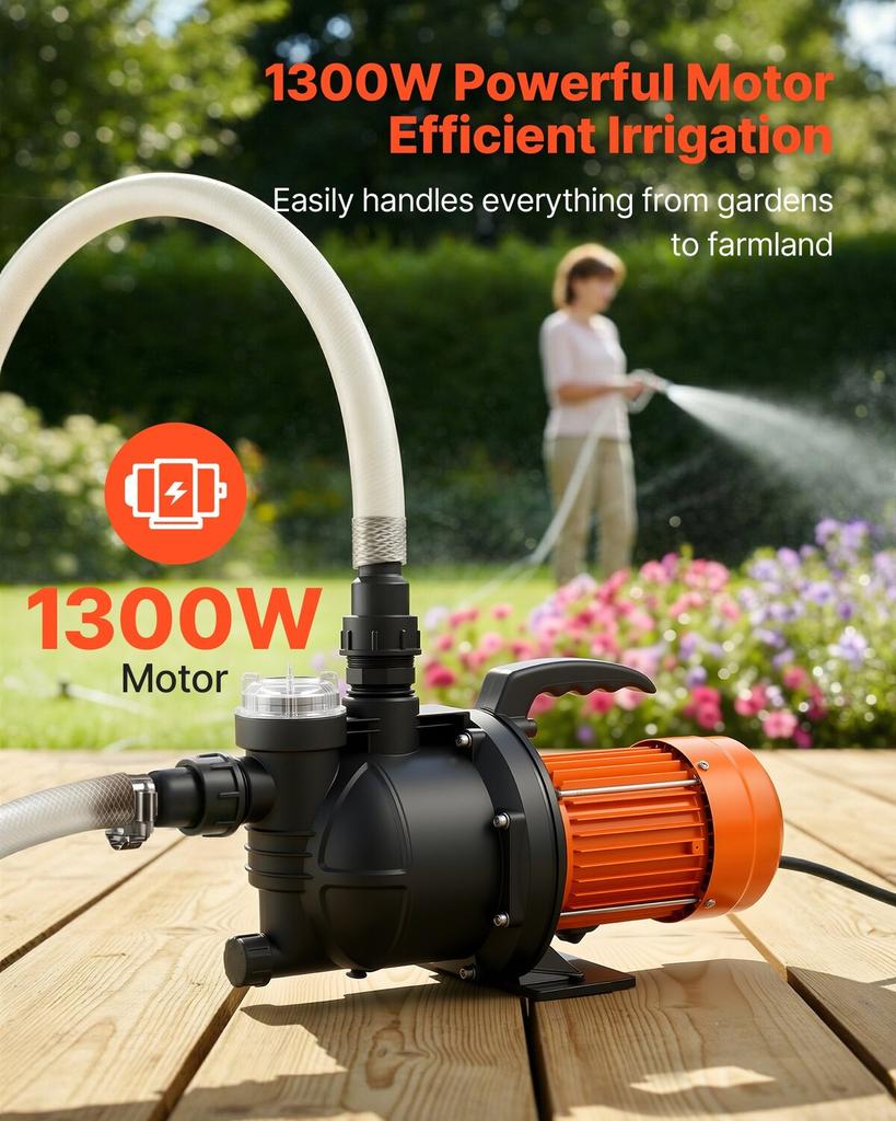 Shallow Well Jet Pump, 1300W, 230V 4800L/H Maximum Flow Rate, PP Garden Well Jet Pump with 8 M Suction Height, Thermal Protection, European Voltage