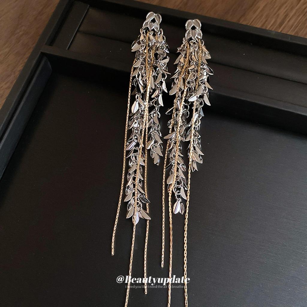 Wheat Tassel Dangle Earrings Electroplated Metallic Long Drop Earrings Wheat Leaf Earrings Glamorous For Formal Events Daily