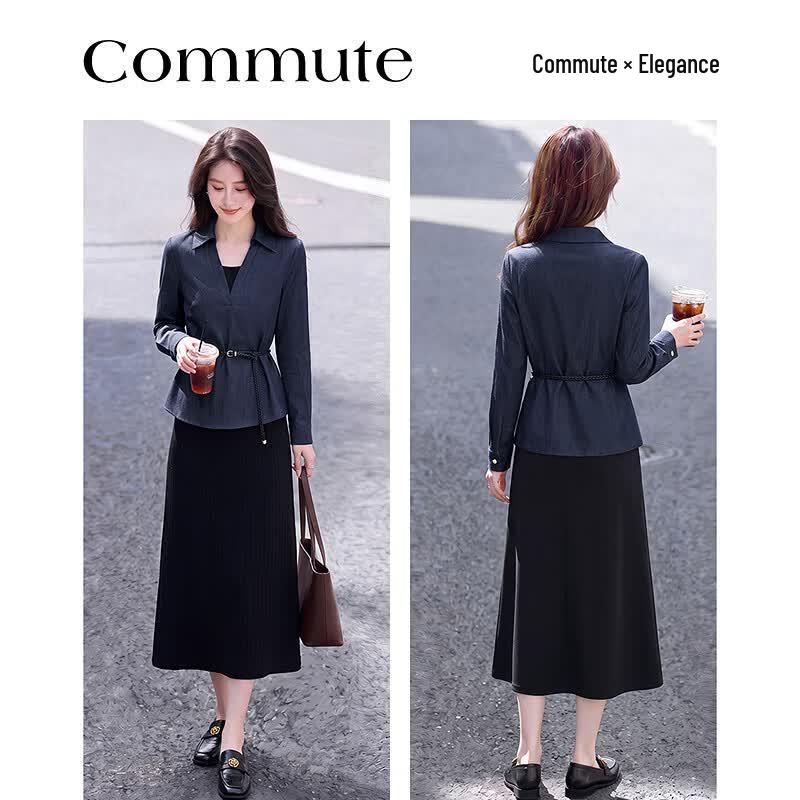 Elegant V-neck Long Sleeve Top & Mid-length Dress Set