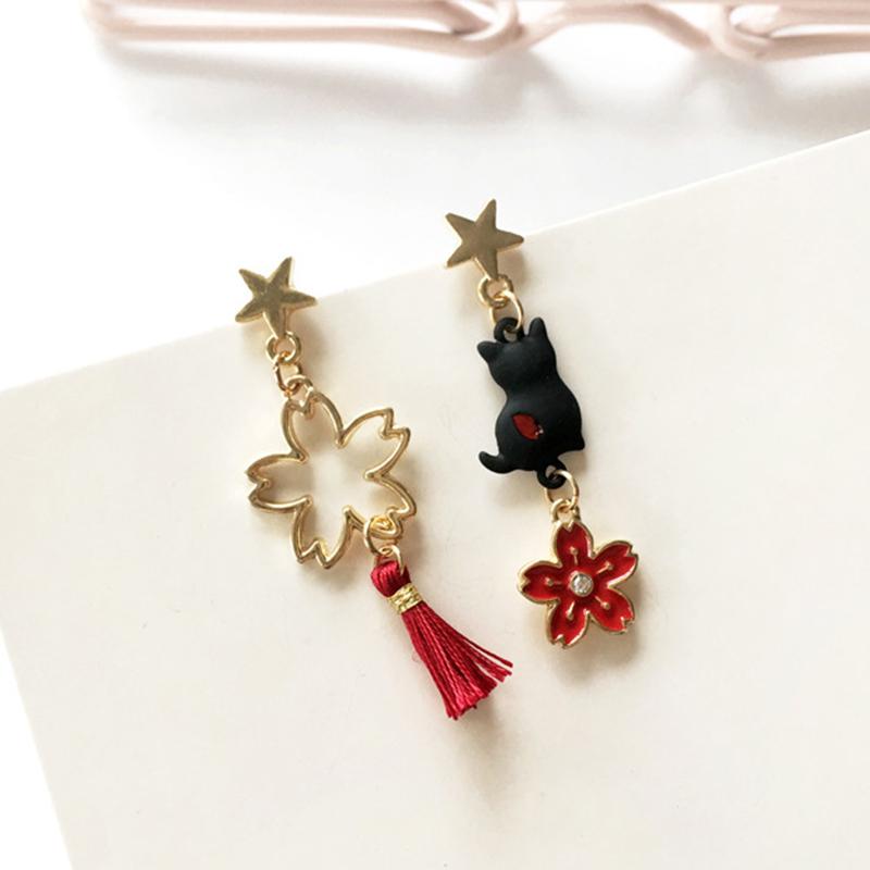 

Fashion Moon Stars Cute Animal Cat Asymmetric Earring Sweet Flowers Kitten Fan Tassel Pendant Earrings Girl Temperament Zircon