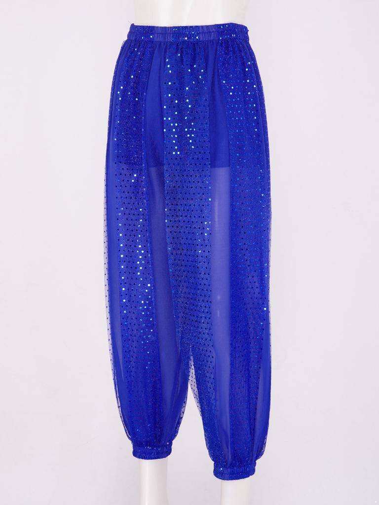 Womens Semi Sheer Chiffon Pants Sequined Dot Design Elastic Waist Belly Dance Performance Trousers