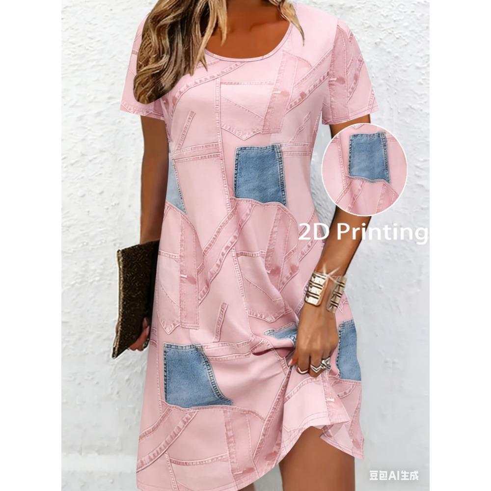 Breathable printed round-neck short-sleeved T-shirt dress