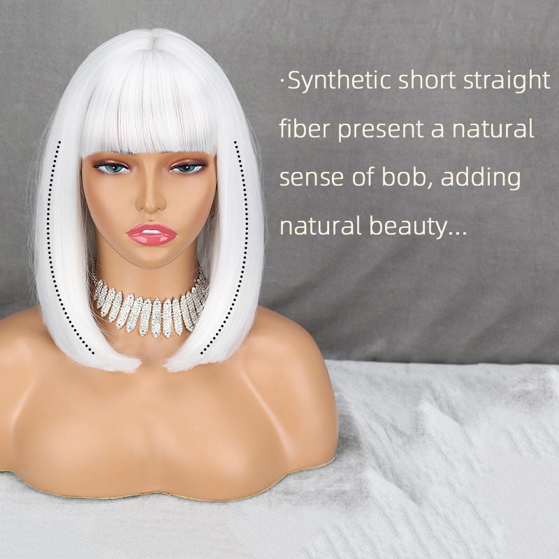 LISI HAIR Damenmode, kurze, reinweiße Bob-Perücke mit glattem Pony, Kunstfaser, schulterlang, glatt, Bob, weiß-silberne Perücke