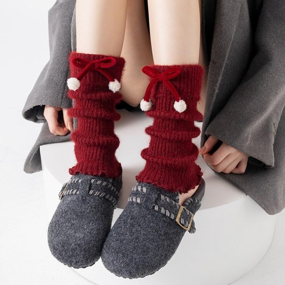 New Red Color Leg Warmers Thickened Bow Middle Tube Socks Harajuku Knitted Hosiery Autumn and Winter