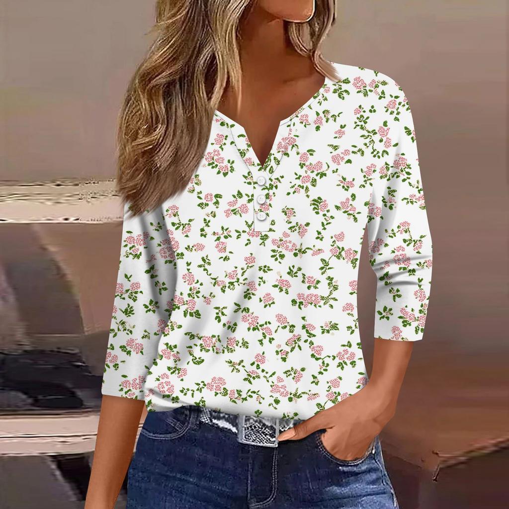 Women's T Shirt Tee Print Button 3/4 Sleeve Daily Weekend Fashion Basic V Neck Regular Top