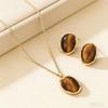 Gold Plated Wavy Bezel Oval Tiger Eye Matching Necklace & Stud Earrings Jewelry Set