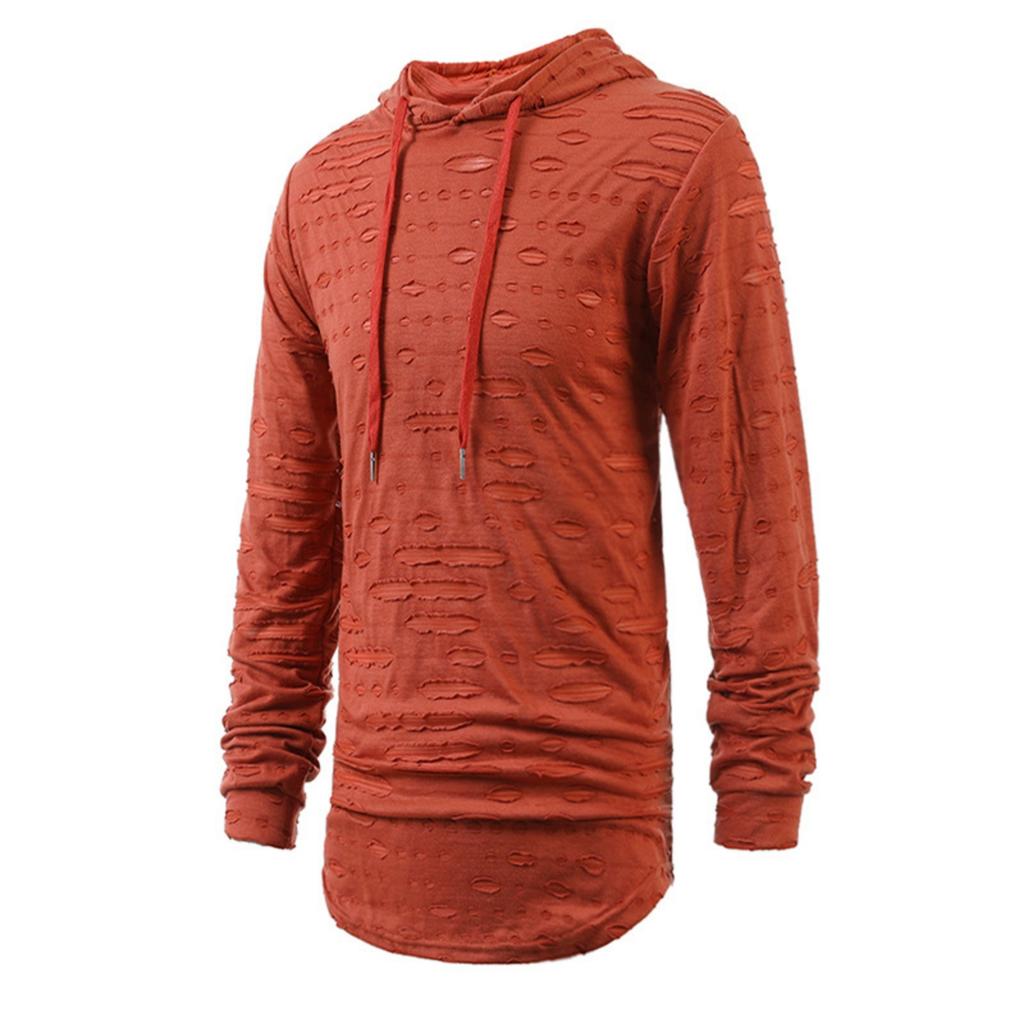 Men's Casual Solid Color Fashionable And Individual Ripped Sweatshirt Men's Mid-length Hooded Sporty Long-sleeved Pullover Top