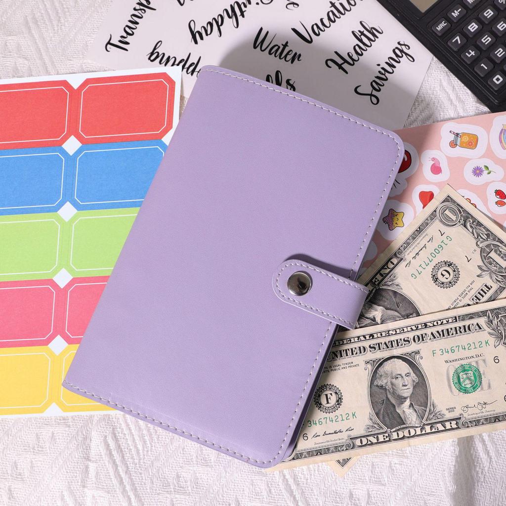 A6 Macaroon Leather Notebook Binder with 12 Refillable Zippered Pockets for Bills and Coins
