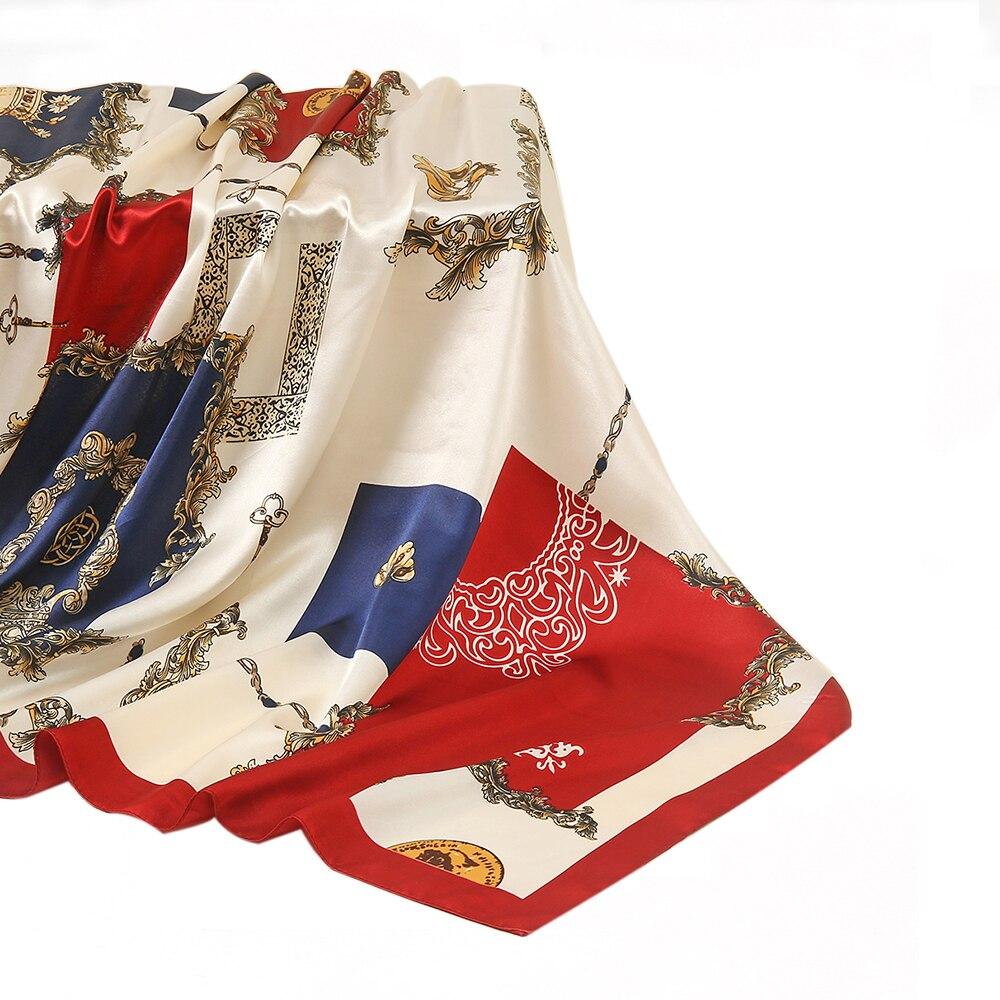 90cm Fahion Satin Silk Square Scarf Vintage Print Design Women Muslim Hijab Headband Newest Hair Band Kerchief 90*90cm