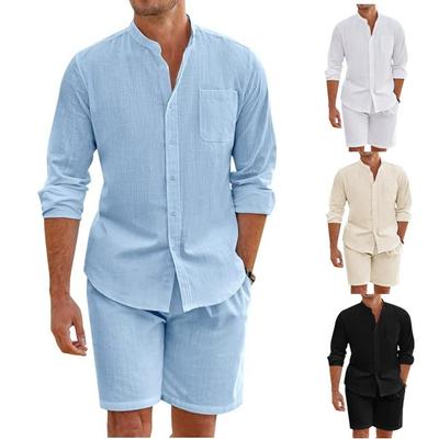 2 Pcs Sets Men's Summer Cotton Linen Shirt and Shorts Cardigan Simple Casual Beach Shirts Comfortable Hawaii Wear