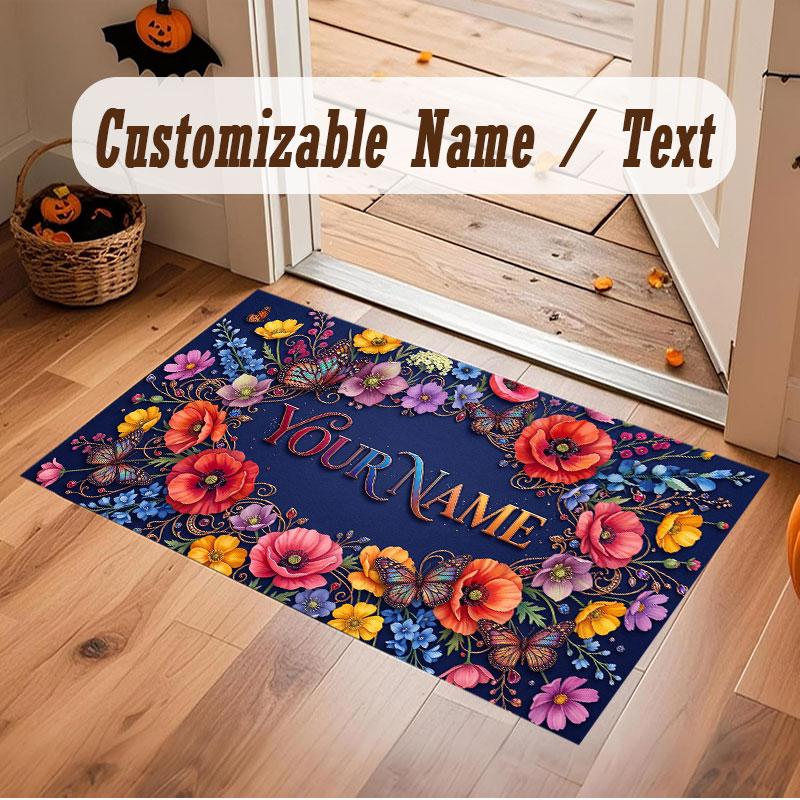 Floral Garden Theme Crystal Velvet Floor Rug Personalized Custom Name Text Warm Carpet Home Decoration