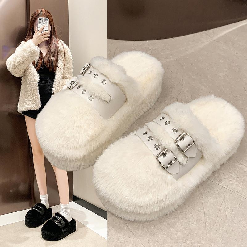 Small thick-soled fluffy slippers for women to wear 2025 autumn and winter new Internet celebrity explosion heightening belt buckle cotton slippers
