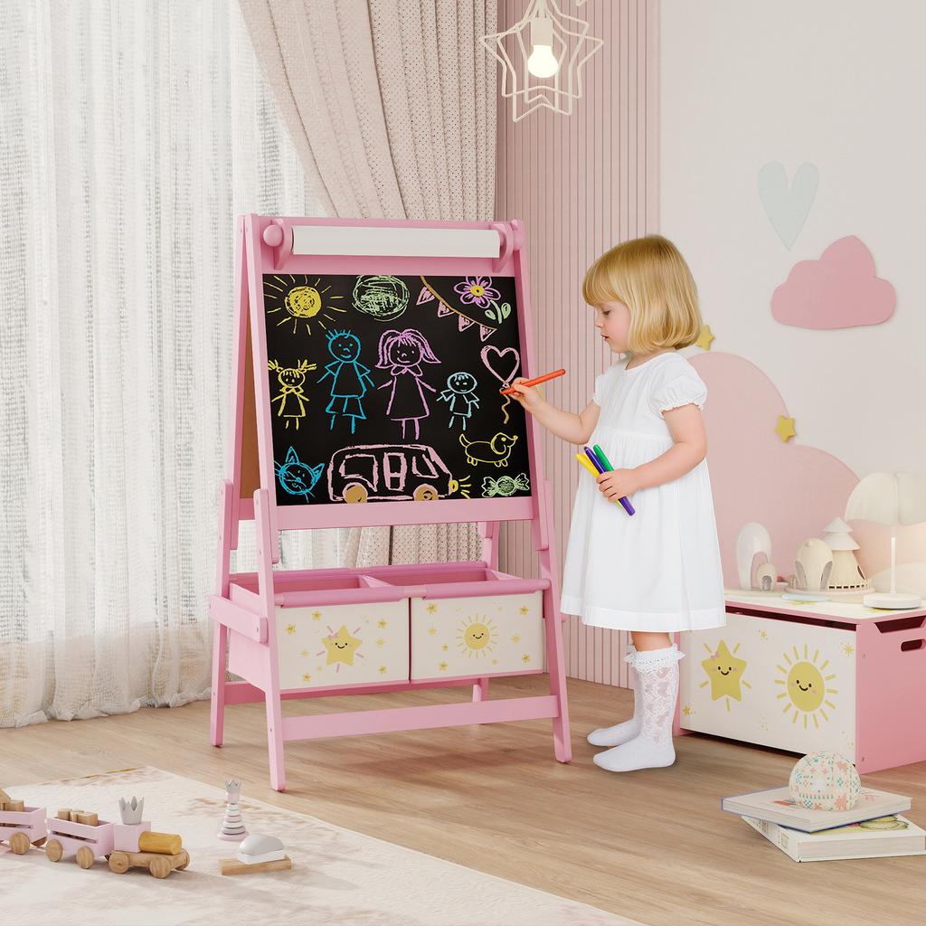 Art Easel for Kids, Double-Sided Whiteboard/Blackboard with Paper Roll, Two Storage Boxes, for Ages 3-8 Years, Pink