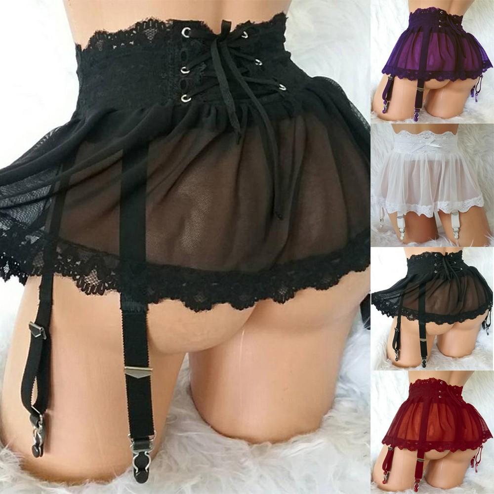 Women's Lace Skirt Garter Mesh Lingerie Underwear with High Waist All Sizes