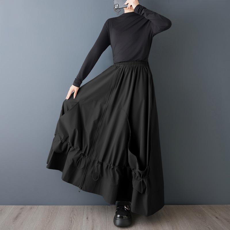 Spring/Summer Women s Plus Size Japanese Style Zipper Patchwork Long Skirt - Fashionable, Loose, and Slimming. One Size