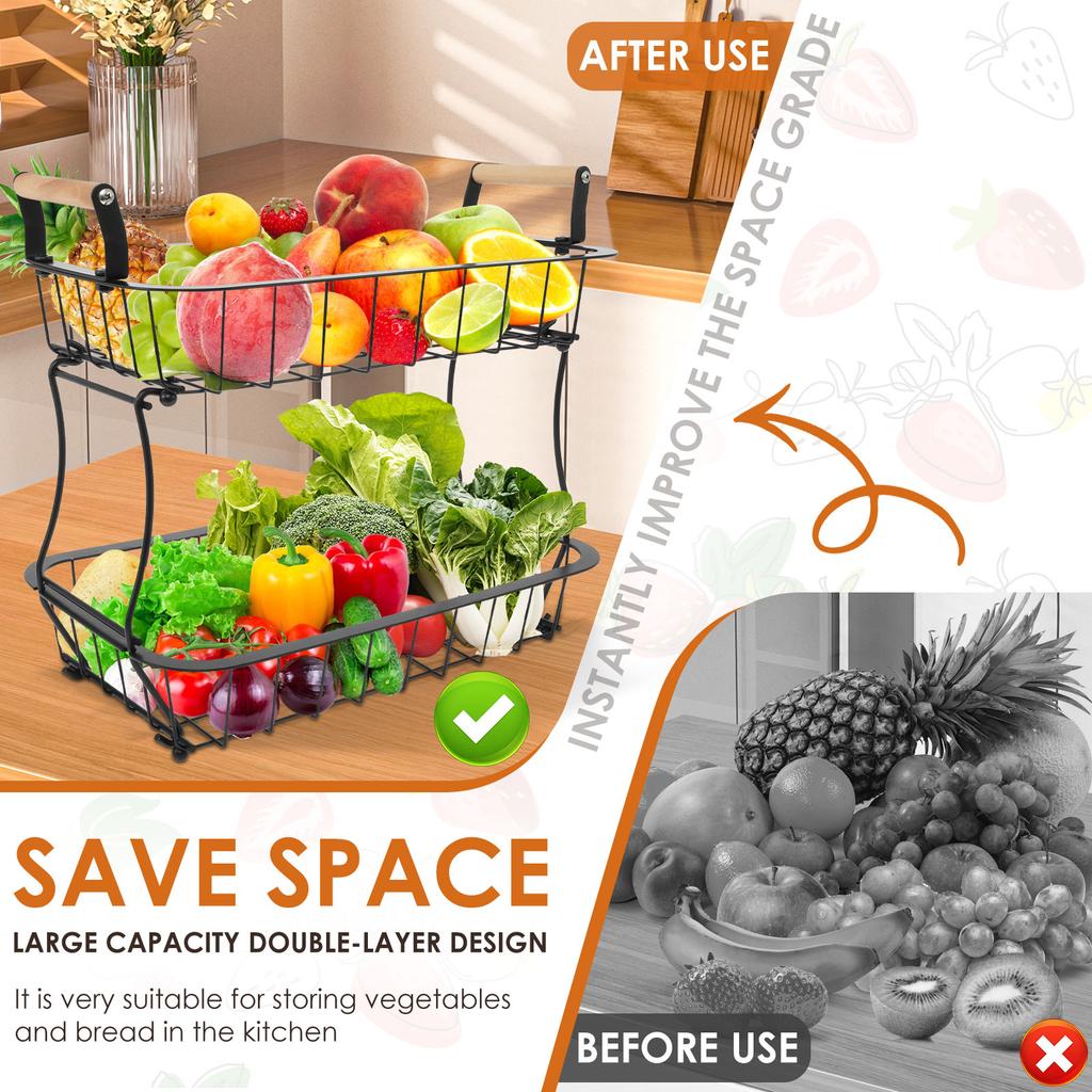 2-Tier Fruit Basket Detachable Metal Countertop Fruit Vegetable Basket with Wooden Handles for Bread Snack Veggies Storage NEW