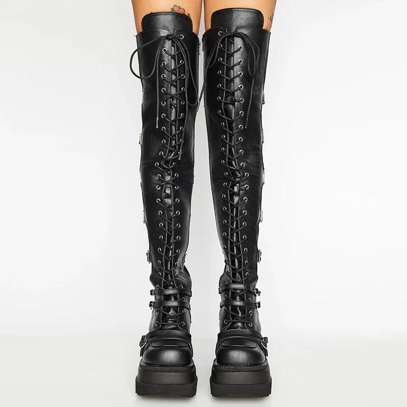 Fashion Punk Over-the-knee Boots Women Platform Heels Belt Buckle  Boot Motorcycle Goth Shoe Thigh High Flat Boots Plus Size 42 43