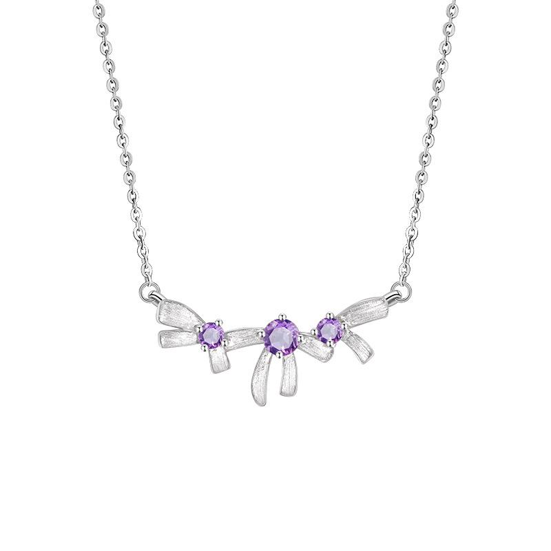 New brushed craft s925 sterling silver bow necklace women s natural crystal stone niche design jewelry 925 silver