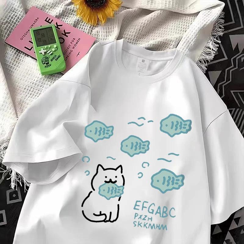 Summer Fashion Cute Little Fish Cat Cartoon Printing Universal Loose Casual Tshirt Simple Short Sleeve Women Tshirt Clothing