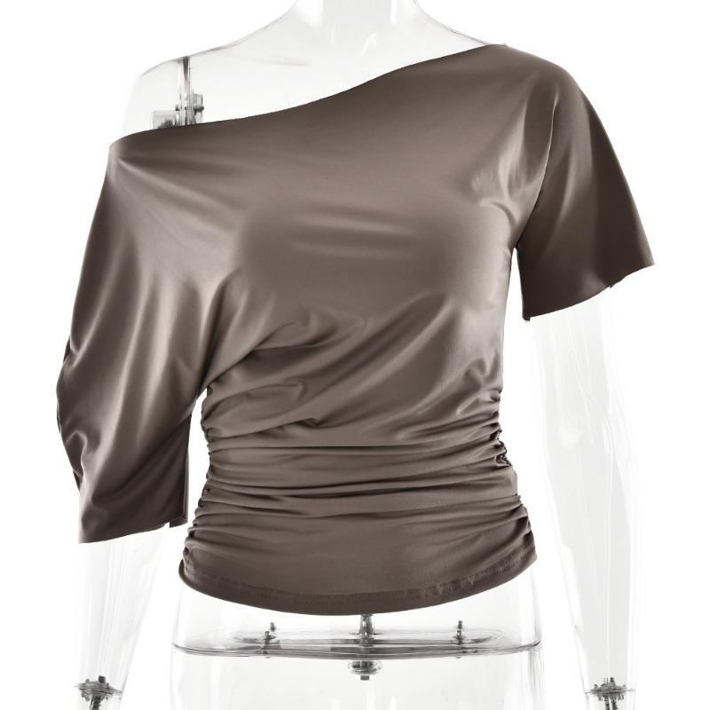 T-shirt Casual da Donna Sexy Aderente con Ruches a Spalla Unica Manica Corta