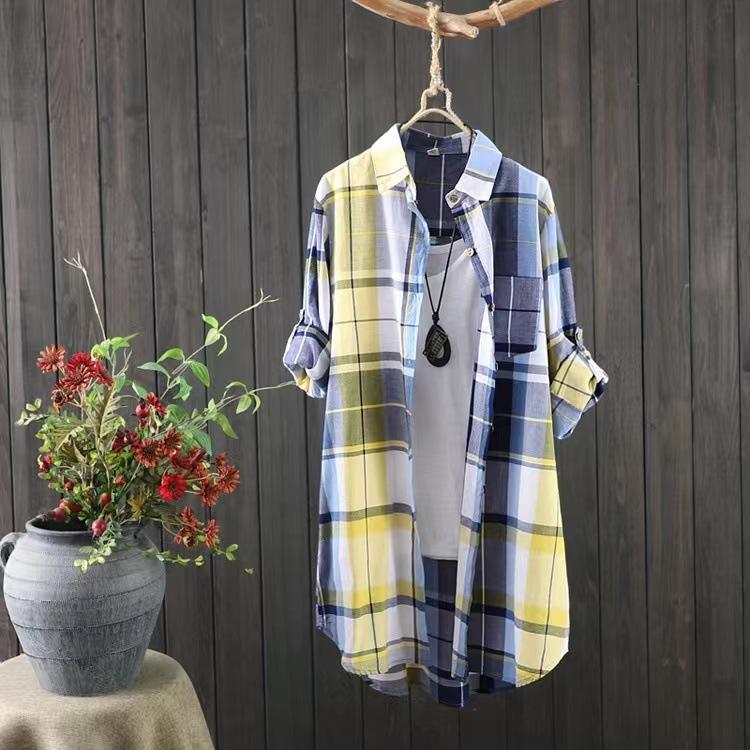 Plus Size Women's Shirts Lapel Square Plaid Tops Long Sleeve Korean Style of Casual Fashion Single-breasted Sunscreen Coat