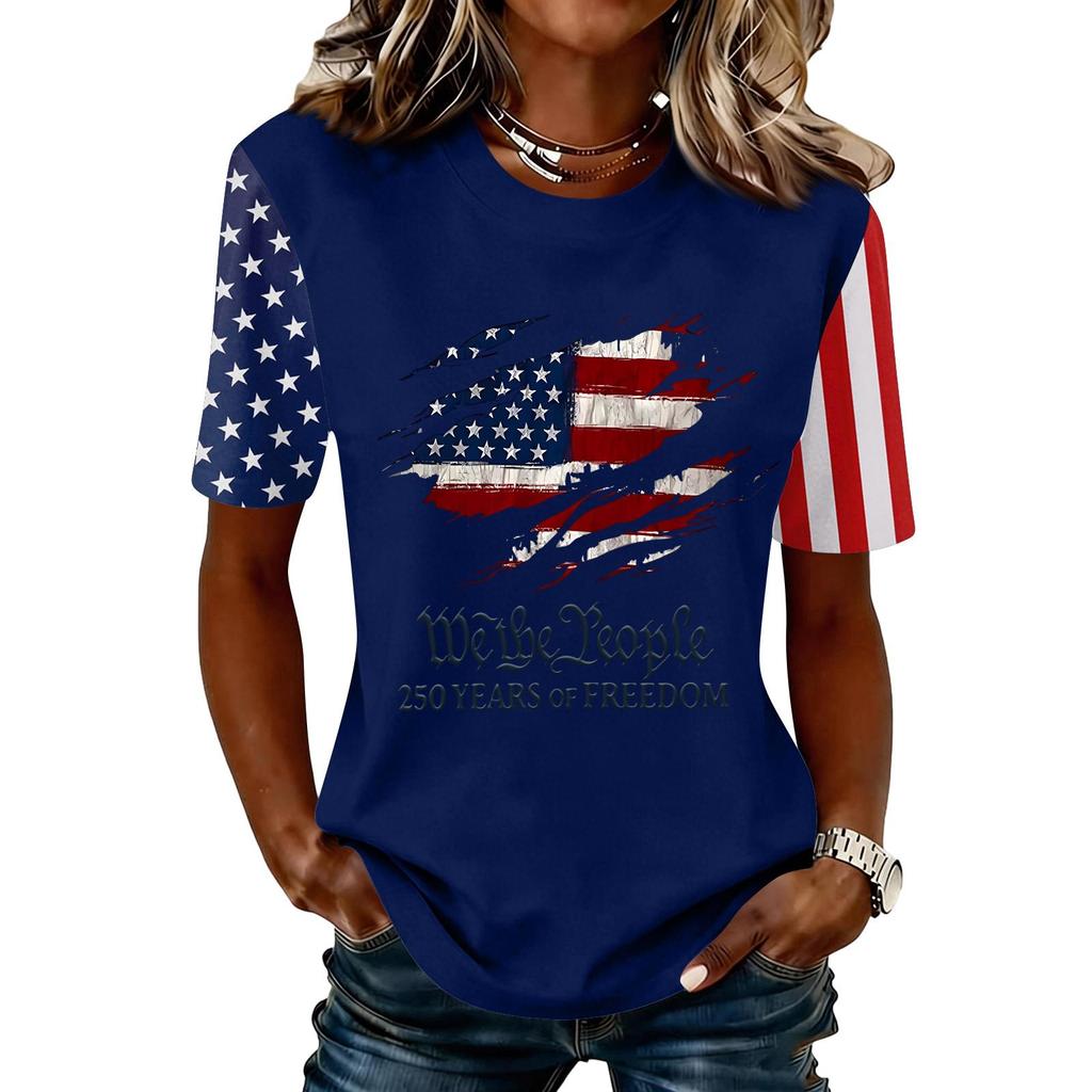 Blusa Feminina da Moda Casual de Manga Curta com Estampa e Gola Redonda