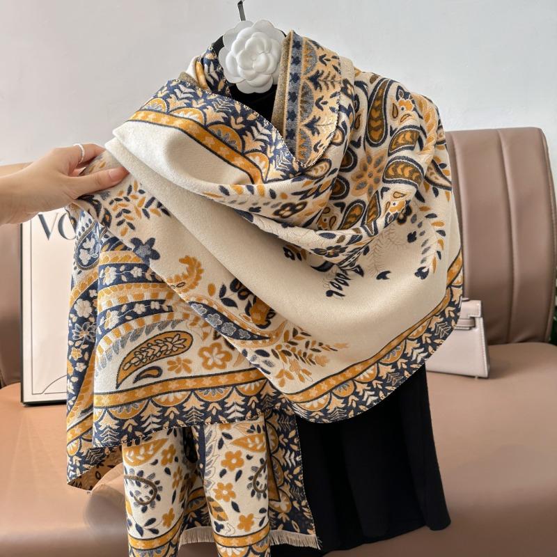 Thick Imitation Cashmere Scarf Women's Winter New Double-sided Contrasting Color Jacquard Cashew Flower Retro Shawl
